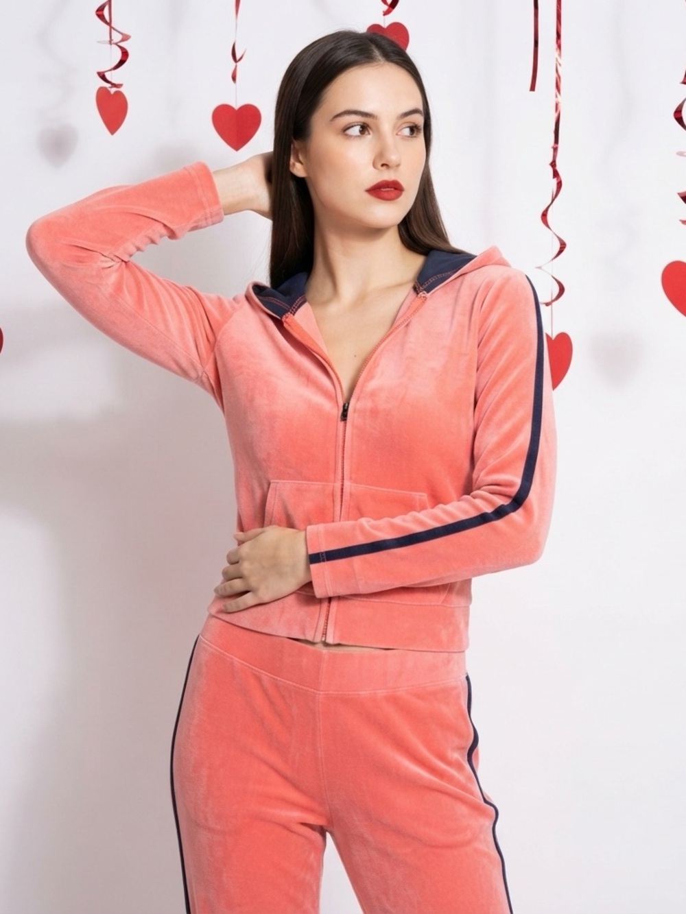 Exist Juniors Large Peach Velour Zip-Up Hoodie with Navy Trim Missing Zip Hook